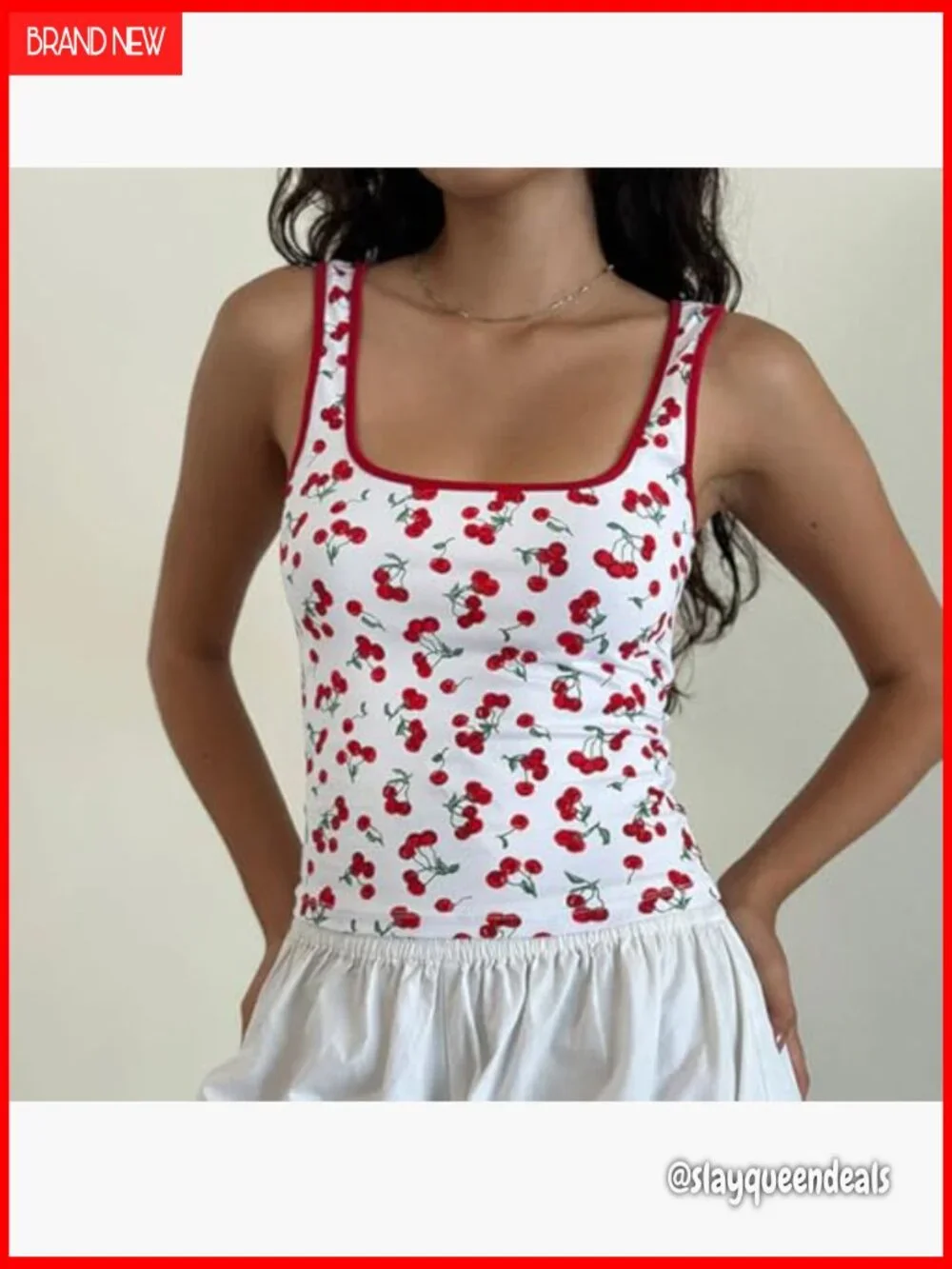 Y2K Strawberry Print Crop Tank Top Ribbed Scoop Neck Sleeveless - Picture 3 of 5